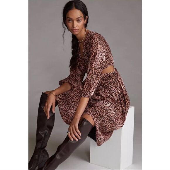 NWT Ranna Gill Anthropologie Floral Cutouts Leopard Print Midi Dress Medium - Picture 12 of 13